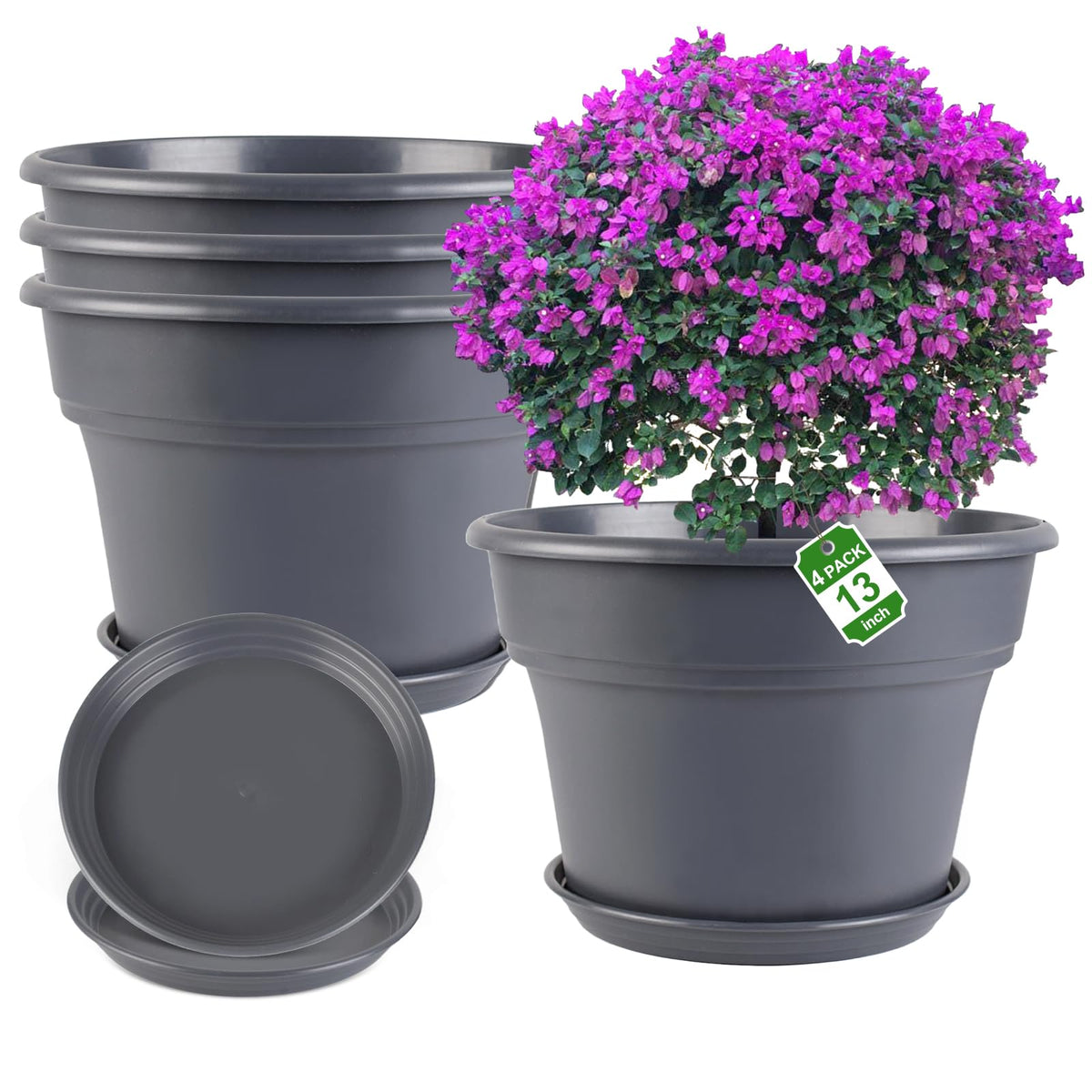 Myfeegoin 10-inch-Plant-Pots-Indoor-Outdoor, 4 Pack Plastic Planters with Drainage Holes & Saucers, Resin Flower Pots with Trays, Classic Garden Pot Container for House