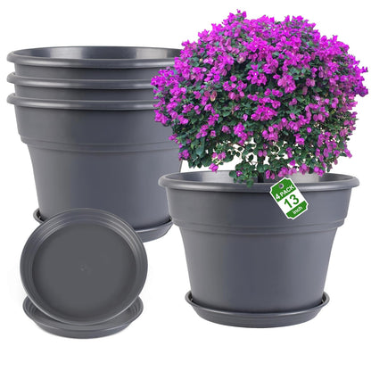 Myfeegoin 10-inch-Plant-Pots-Indoor-Outdoor, 4 Pack Plastic Planters with Drainage Holes & Saucers, Resin Flower Pots with Trays, Classic Garden Pot Container for House