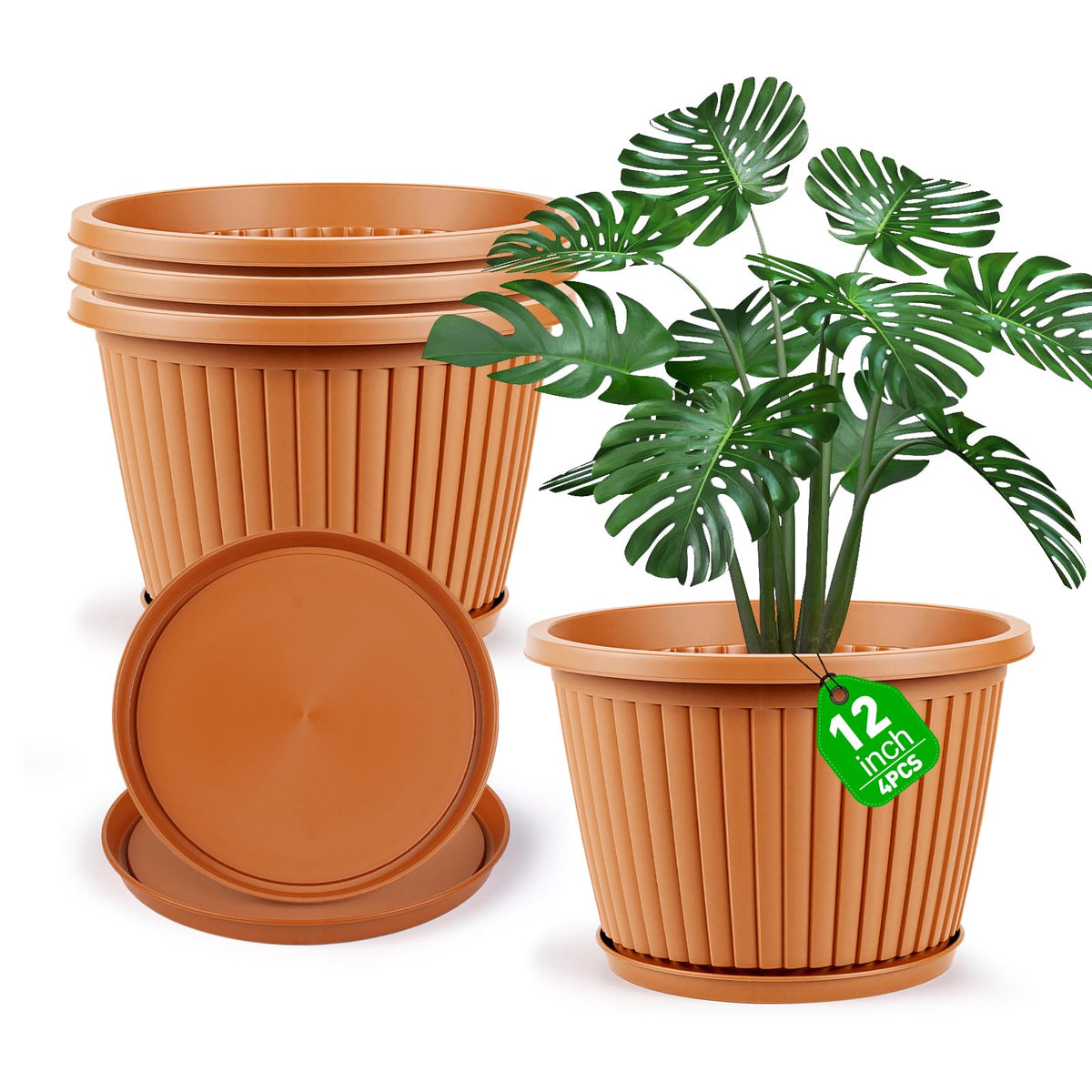 Myfeegoin Planter-Pots-for-Plants-Indoor-Outdoor, 4 Pack 10 Inch Plastic Flower Pots with Saucer & Drainage Holes, Modern Garden Planters for Planting Medium Large Plants，Decorative Resin Garden Pots