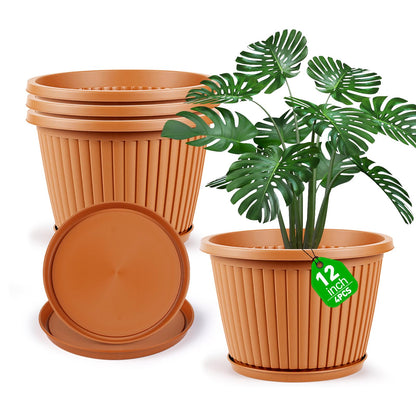 Myfeegoin Planter-Pots-for-Plants-Indoor-Outdoor, 4 Pack 10 Inch Plastic Flower Pots with Saucer & Drainage Holes, Modern Garden Planters for Planting Medium Large Plants，Decorative Resin Garden Pots