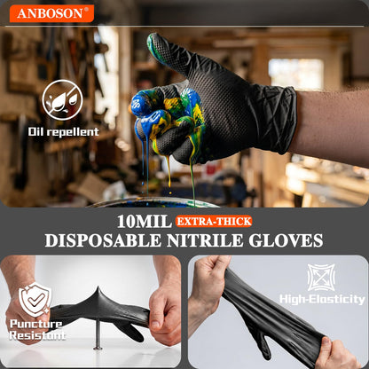 ANBOSON 10 Mil Heavy Duty Mechanic Nitrile Gloves, Large Black 100 Count