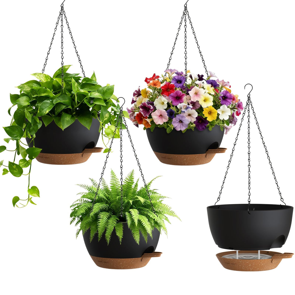 UOUZ Set of 3-10 Inch Self Watering Hanging Planters for Indoor Outdoor，Hanging Plant Pots with Drainage & Removable Tray, Hanging Pots Holder for Ivy, Pothos, Ferns, Balcony & Patio, Black with Brown