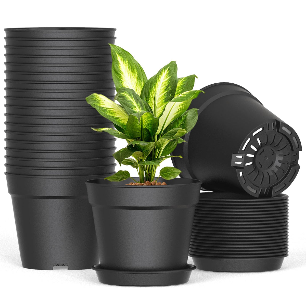 10 Pack 6 Inch Plant Pots with Drainage and Saucers, White Plastic Flower Pots for Indoor and Outdoor Plants, Stackable Nursery Planters for Houseplants and Herbs, White
