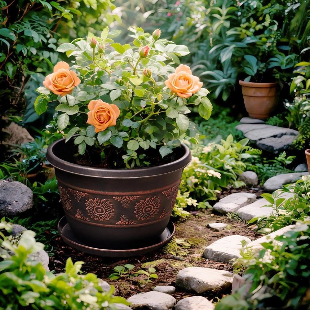 Usocik 10 Inch Plant Pots, 4 Pack, Copper Retro Floral
