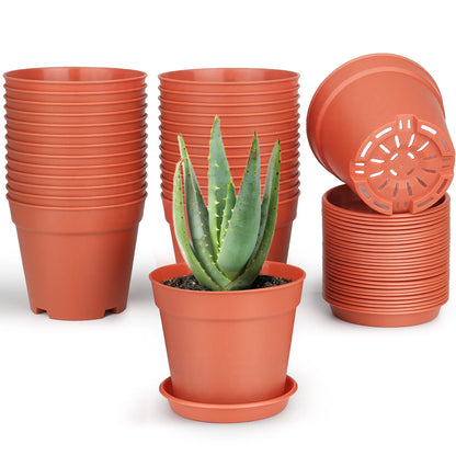 SwinDuck 28 Pack 4 inch Small Plant Pots, Plastic Planters with Drainage Holes and Saucers for Flowers Plants, Succulents, Seed Starting Pots, White