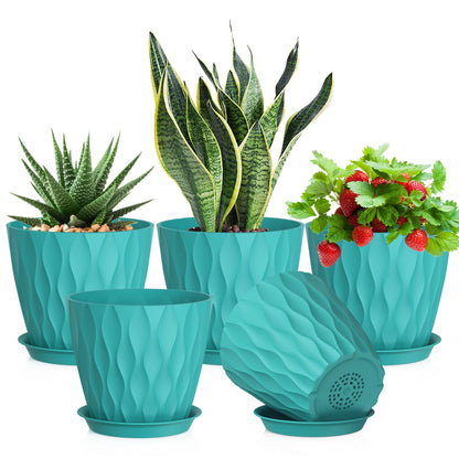 Meowell 7/6.5/6/5.5/5/4.5/4 inch Plant Pots for Indoor Outdoor Plants, 7 Pack Thick Flower Pots with Drainage Holes and Saucers, Modern Wave Texture Small Plastic Planters Nursery Pots, Multicolor