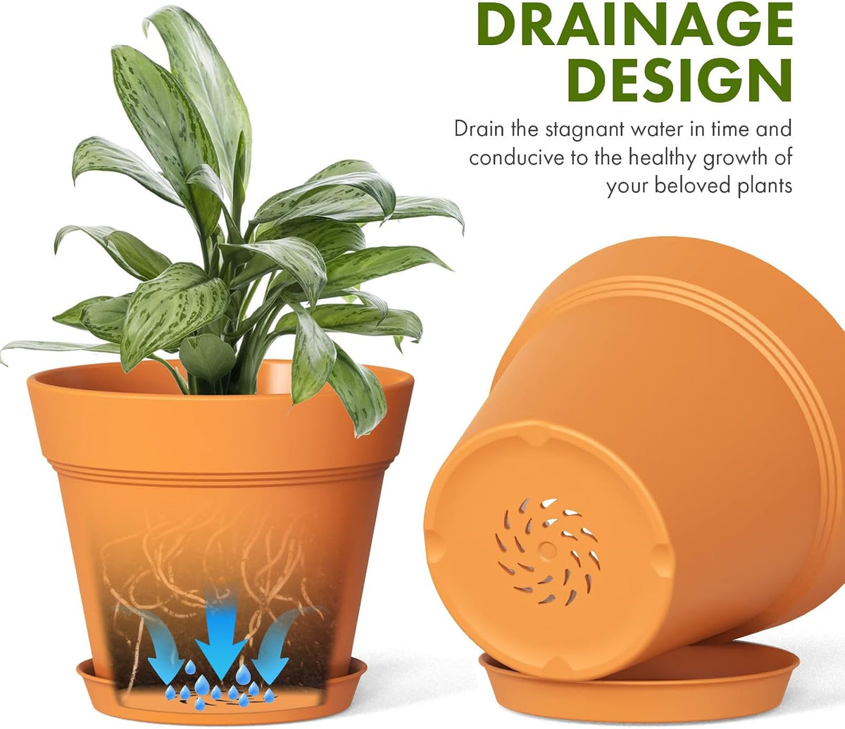 WSMKSZ 4 Inch Plastic Plant Pots with Drainage Holes and Trays – 8 Pack Small Nursery Pots for Indoor & Outdoor House Plants and Flowers, Seedling Starter Planters, Terracotta
