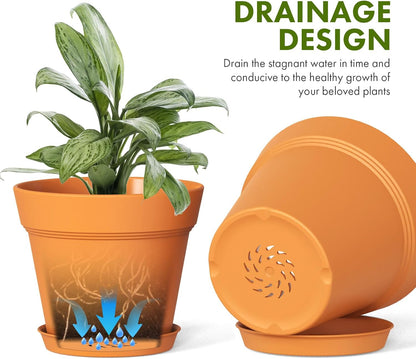 WSMKSZ 4 Inch Plastic Plant Pots with Drainage Holes and Trays – 8 Pack Small Nursery Pots for Indoor & Outdoor House Plants and Flowers, Seedling Starter Planters, Terracotta