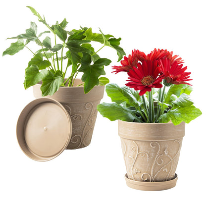 Melphoe Plant Pots Indoor with Drainage & Saucer, 2Pack 7 inch Flower Pots Outdoor Planters for Indoor Plants Garden Home Decor Cactus Succulent, Rigid Plastic (Imitation-Terracotta) Vine-Embossed