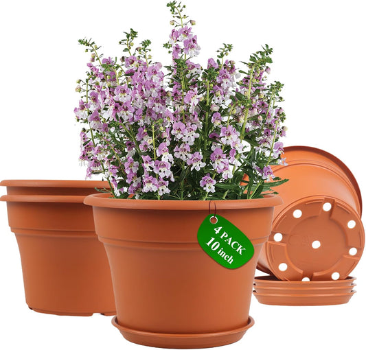 Pottiffe Plant-Pots-Planters-Indoor-Outdoor, 10 inch 4 Pack Terracotta