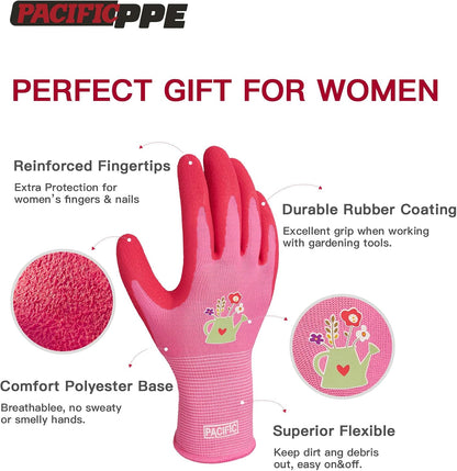 PACIFIC PPE 6 Pairs Gardening Gloves for women, Rubber Coated Garden Gloves, Ladies Yard Work Gloves, Breathable, Purple & Yellow & Red, Small
