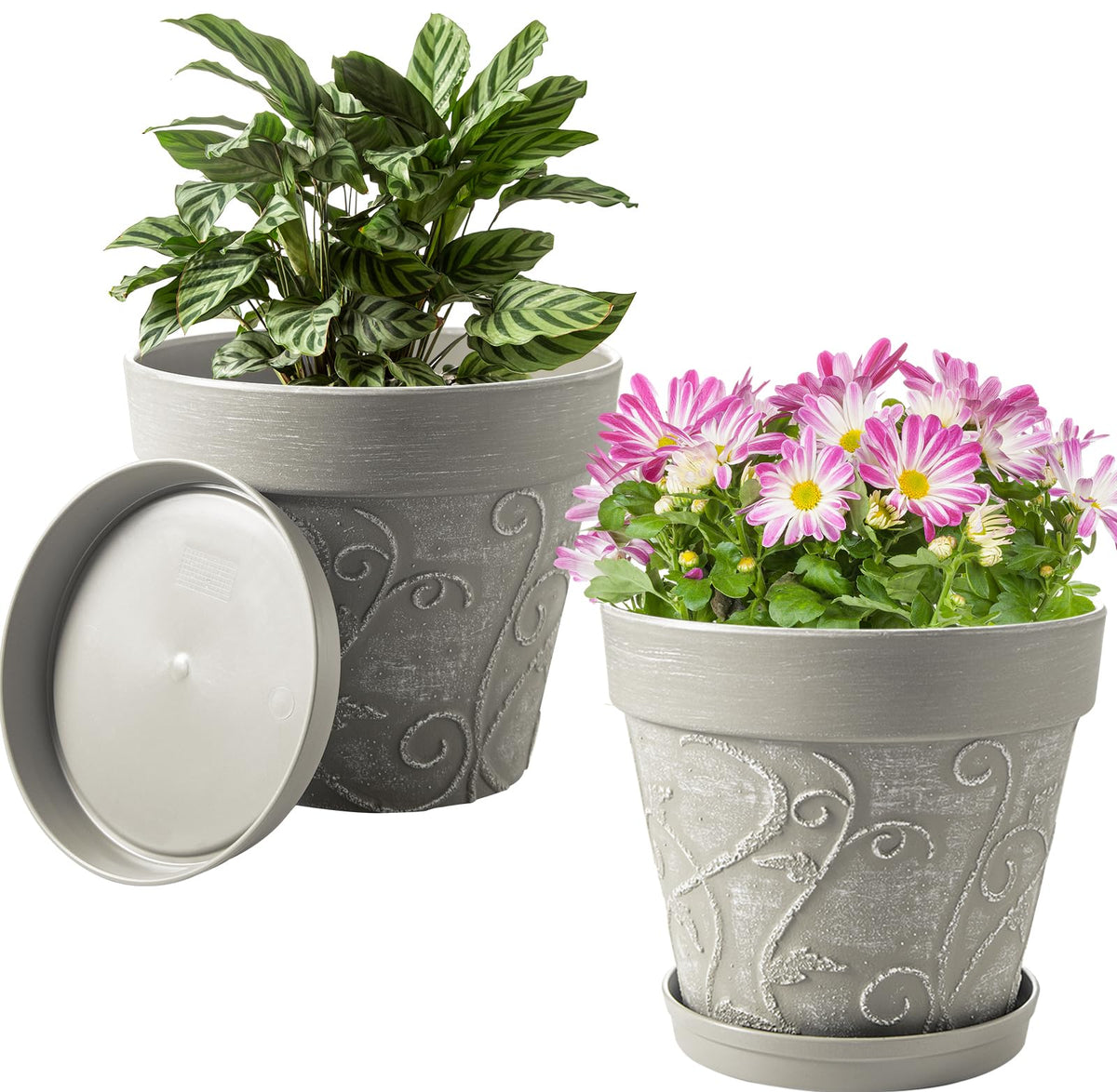 Melphoe Plant Pots Indoor with Drainage & Saucer, 2Pack 7 inch Flower Pots Outdoor Planters for Indoor Plants Garden Home Decor Cactus Succulent, Rigid Plastic (Imitation-Terracotta) Vine-Embossed