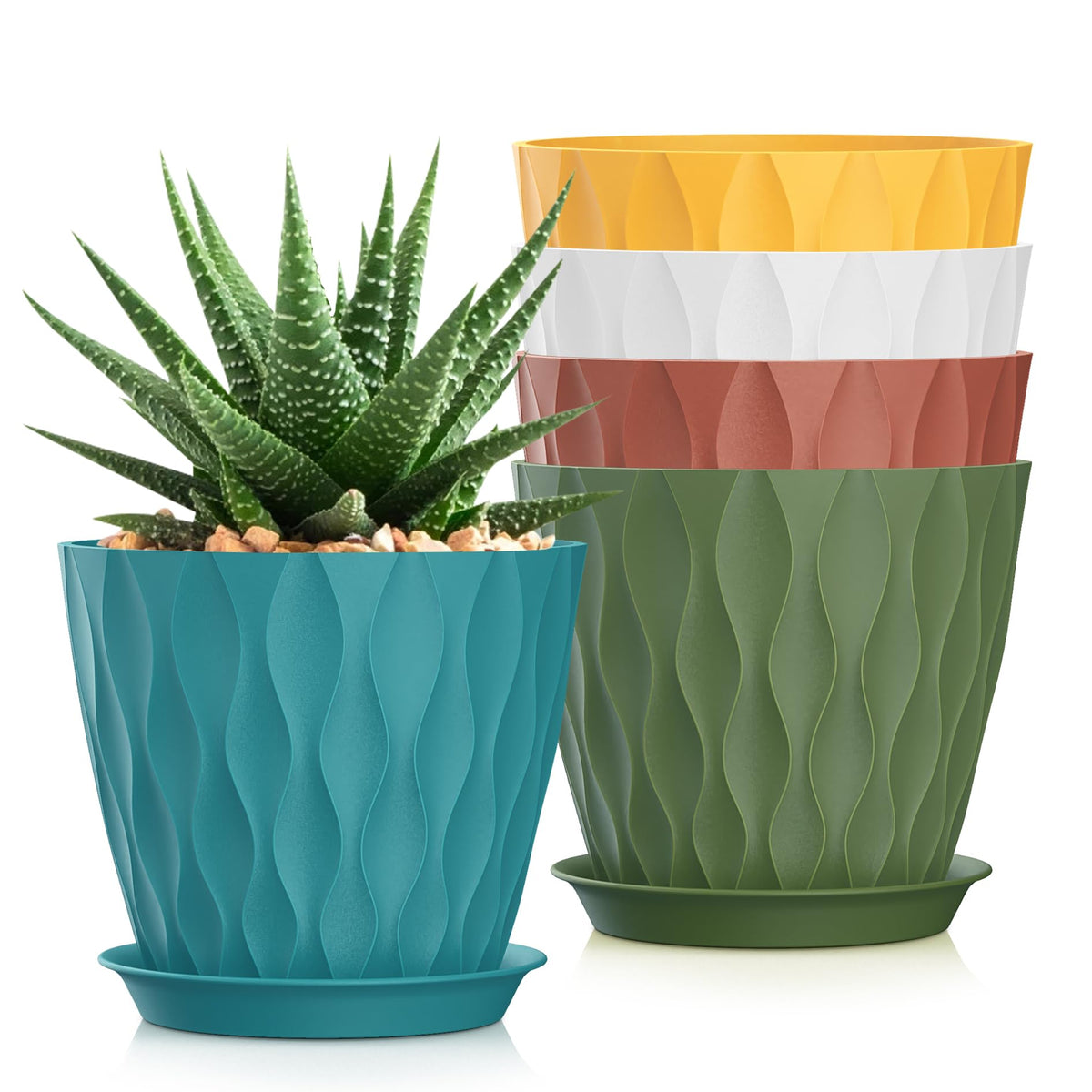 4 Inch Plant Pots, 6 Pack Indoor Flower Pots, Planters with Drainage Holes and Trays for Orchids, Violets, Succulents, Herbs, and Other Plants,White