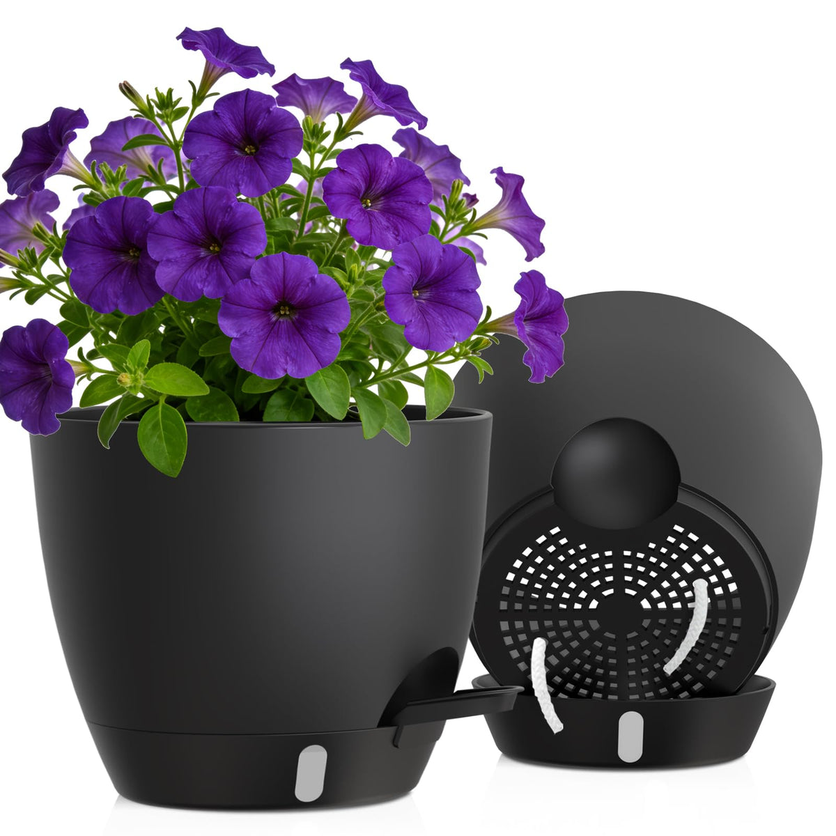 Self Watering Pots with Drainage Holes, 3 Pack 12/10/8 Inch Plant Pots with Water Level Indicator Deep Reservoir, Large Plastic Planter for Indoor Outdoor Plants - Black Brown