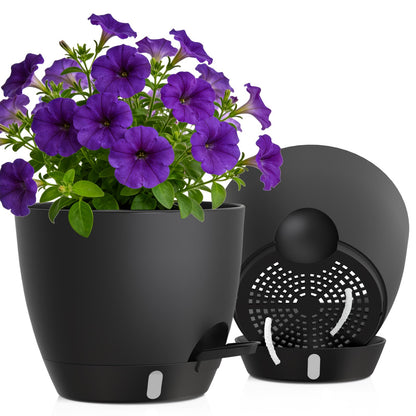 Self Watering Pots with Drainage Holes, 3 Pack 12/10/8 Inch Plant Pots with Water Level Indicator Deep Reservoir, Large Plastic Planter for Indoor Outdoor Plants - Black Brown