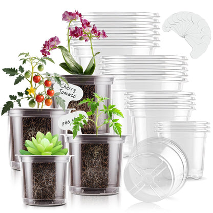 SupKing Clear Nursery Pots 5/4/3.5 Inch Plastic Seed Starter Plant Flower Pot with Drainage Holes for Transplanting Succulents Cuttings Seedlings 15 Labels (12Pcs)