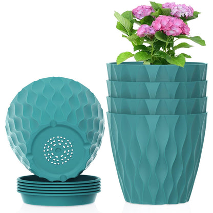 Meowell 7/6.5/6/5.5/5/4.5/4 inch Plant Pots for Indoor Outdoor Plants, 7 Pack Thick Flower Pots with Drainage Holes and Saucers, Modern Wave Texture Small Plastic Planters Nursery Pots, Multicolor