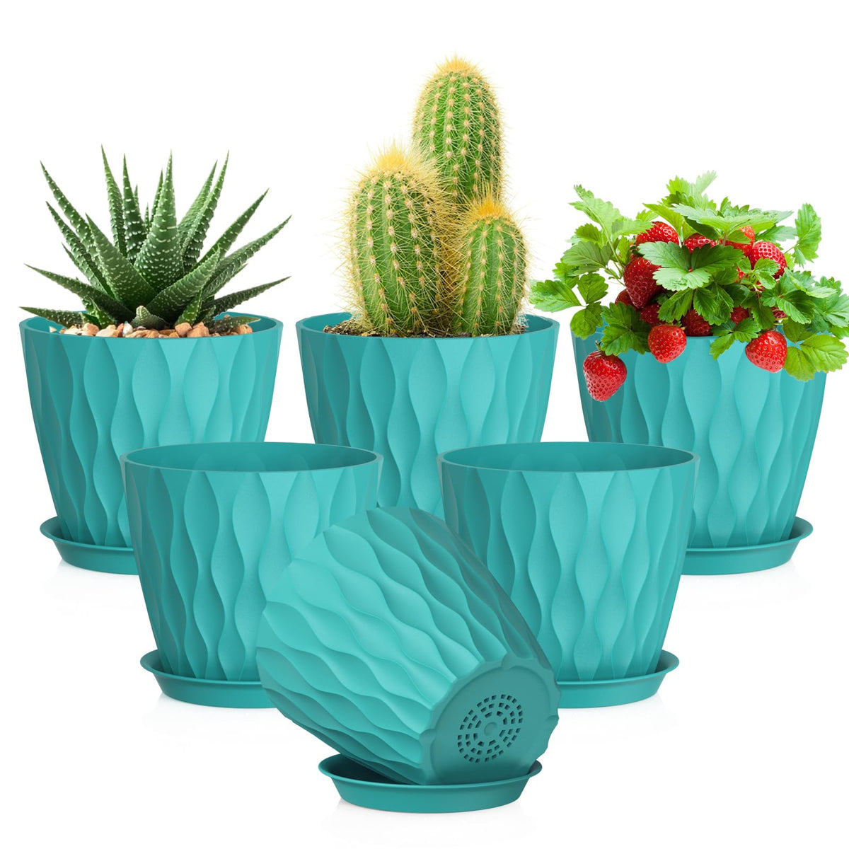 Meowell 7/6.5/6/5.5/5/4.5/4 inch Plant Pots for Indoor Outdoor Plants, 7 Pack Thick Flower Pots with Drainage Holes and Saucers, Modern Wave Texture Small Plastic Planters Nursery Pots, Multicolor