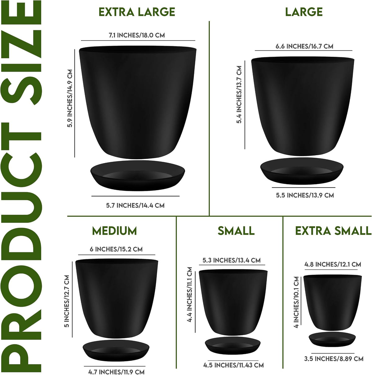 Plant Pots Indoor with Drainage, 5 Pack Multi-Size Planters Set, Black