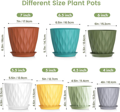 Meowell 7/6.5/6/5.5/5/4.5/4 inch Plant Pots for Indoor Outdoor Plants, 7 Pack Thick Flower Pots with Drainage Holes and Saucers, Modern Wave Texture Small Plastic Planters Nursery Pots, Multicolor