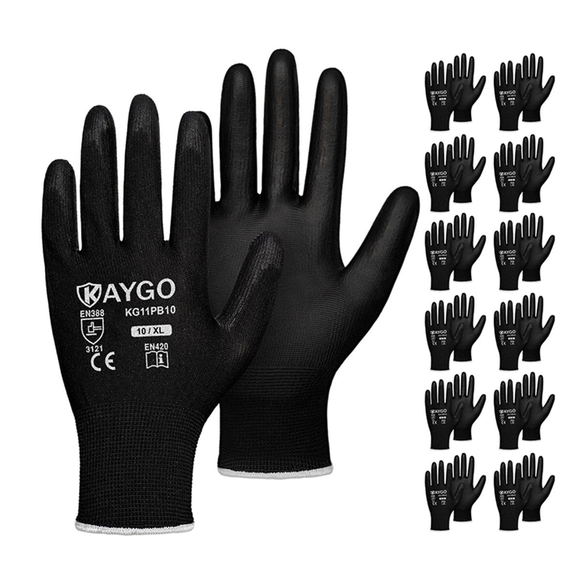 KAYGO Safety Work Gloves for Men Women, PU Coated Palm & Fingers, KG11P