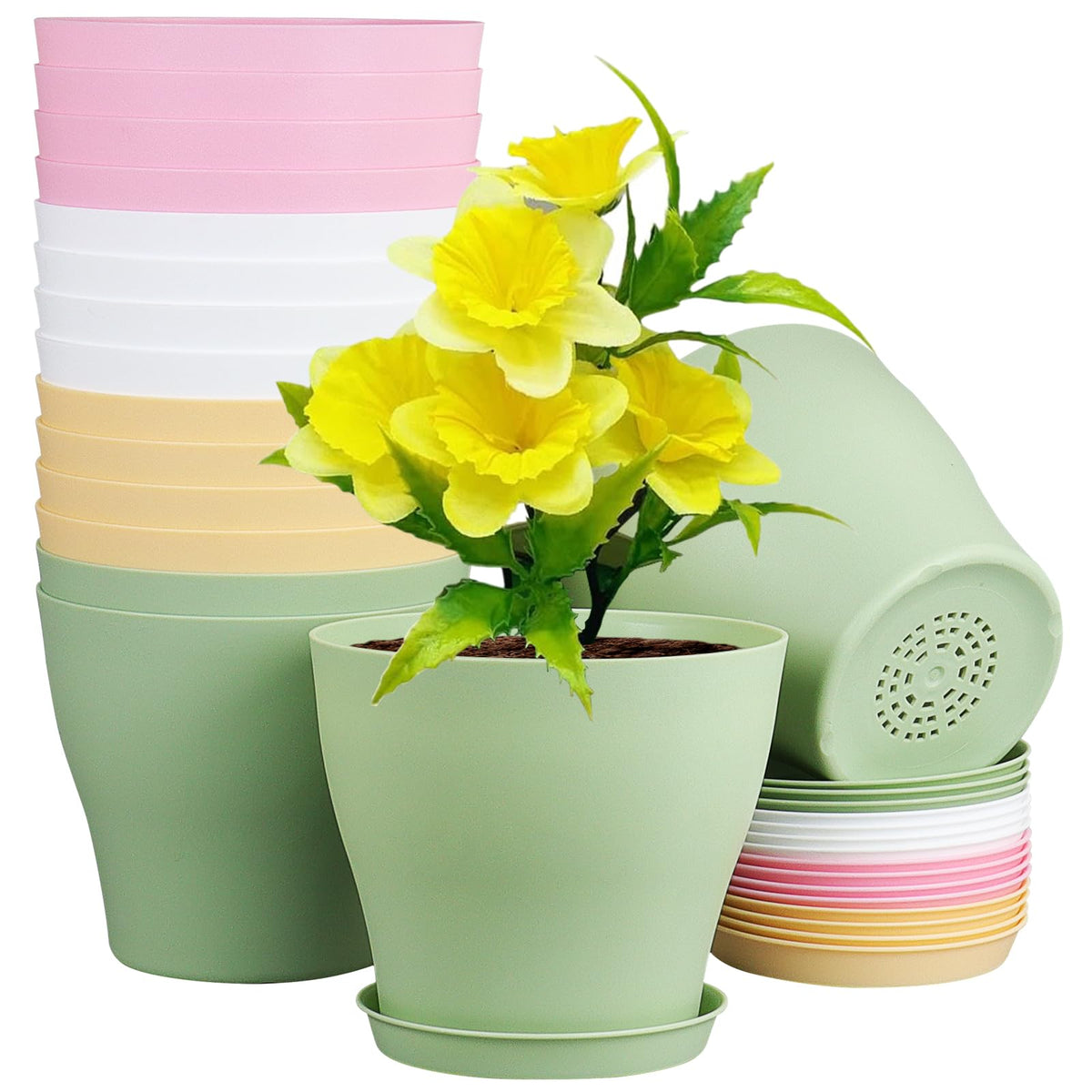 Meowell 4 inch Small Plastic Nursery Pots, 16 Pack Plant Pots for Indoor Outdoor Plants, Flower Pots with Drainage Holes and Saucers, Decorative Seedling Starter Planters for House Plants, Terracotta