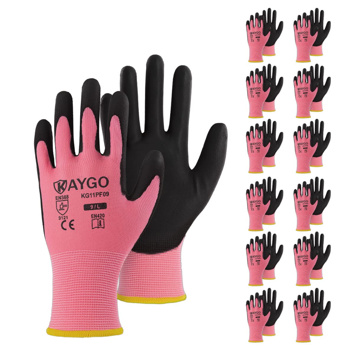 KAYGO Safety Work Gloves for Men Women, PU Coated Palm & Fingers, KG11P