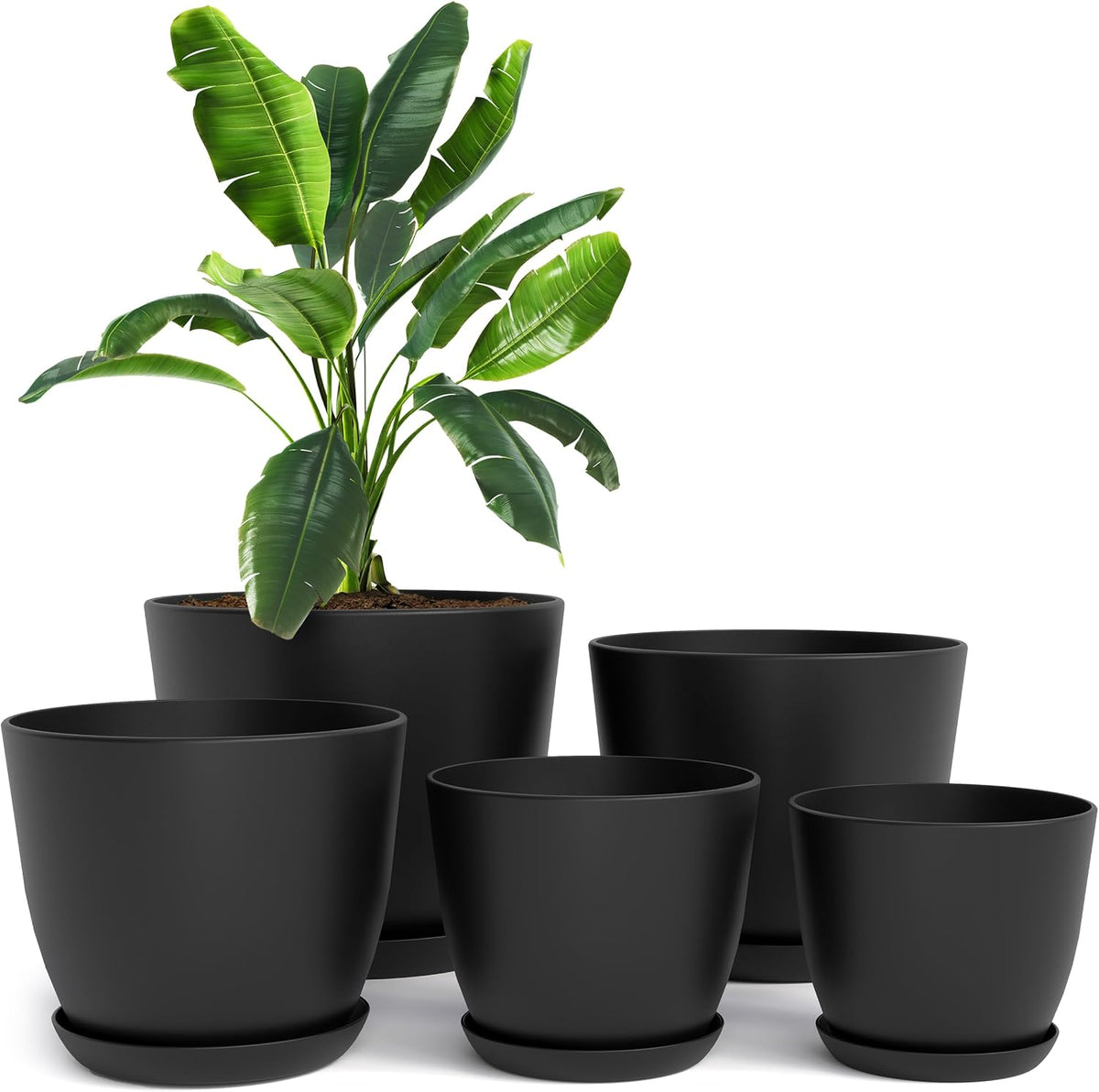 Plant Pots Indoor with Drainage, 5 Pack Multi-Size Planters Set, Black