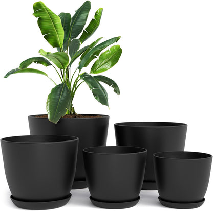 Plant Pots Indoor with Drainage, 5 Pack Multi-Size Planters Set, Black