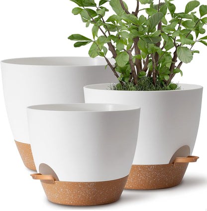 TYMENSH Plant Pots 12/10/9 Inch Set of 3, Self Watering Planters with Drainage Holes and Water Reservoir, Heavy Duty Plastic Flower Pots for Indoor Outdoor Plants, White