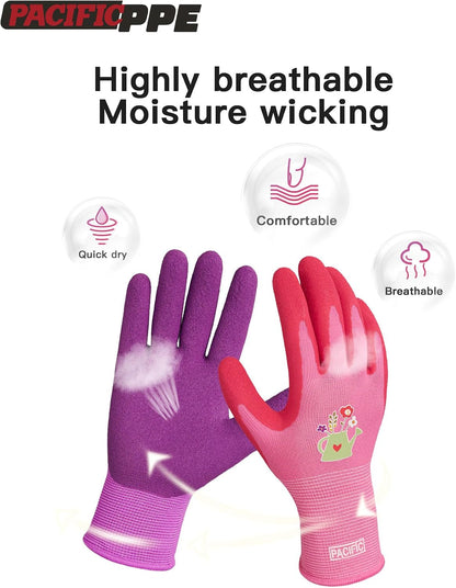 PACIFIC PPE 6 Pairs Gardening Gloves for women, Rubber Coated Garden Gloves, Ladies Yard Work Gloves, Breathable, Purple & Yellow & Red, Small