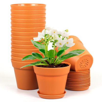 Meowell 4 inch Small Plastic Nursery Pots, 16 Pack Plant Pots for Indoor Outdoor Plants, Flower Pots with Drainage Holes and Saucers, Decorative Seedling Starter Planters for House Plants, Terracotta