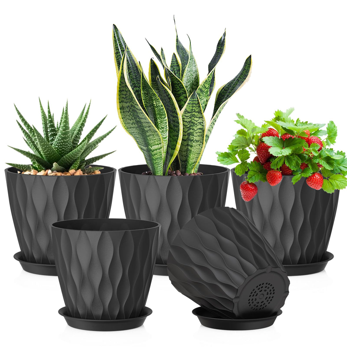 Meowell 7/6.5/6/5.5/5/4.5/4 inch Plant Pots for Indoor Outdoor Plants, 7 Pack Thick Flower Pots with Drainage Holes and Saucers, Modern Wave Texture Small Plastic Planters Nursery Pots, Multicolor