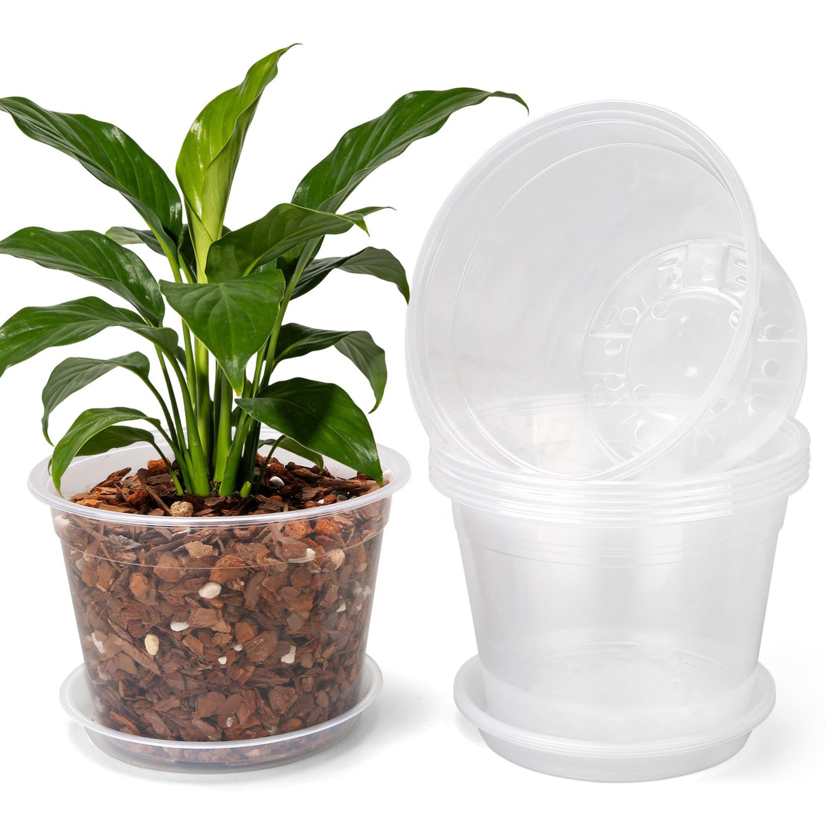 6/8/10 Inch Large Size Clear Nursery Pots with Drainage and Saucers, 9 Pack Plastic Plant Pots for Seedling Starter, Durable Plastic Pots for Indoors