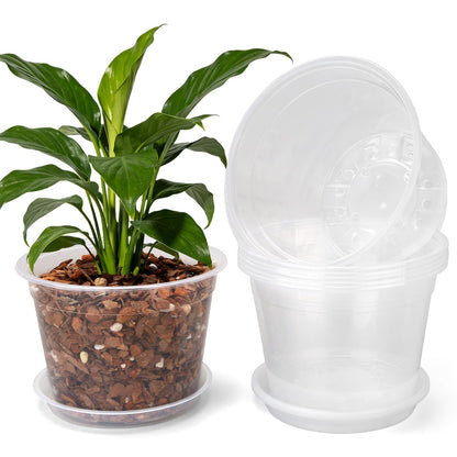6/8/10 Inch Large Size Clear Nursery Pots with Drainage and Saucers, 9 Pack Plastic Plant Pots for Seedling Starter, Durable Plastic Pots for Indoors