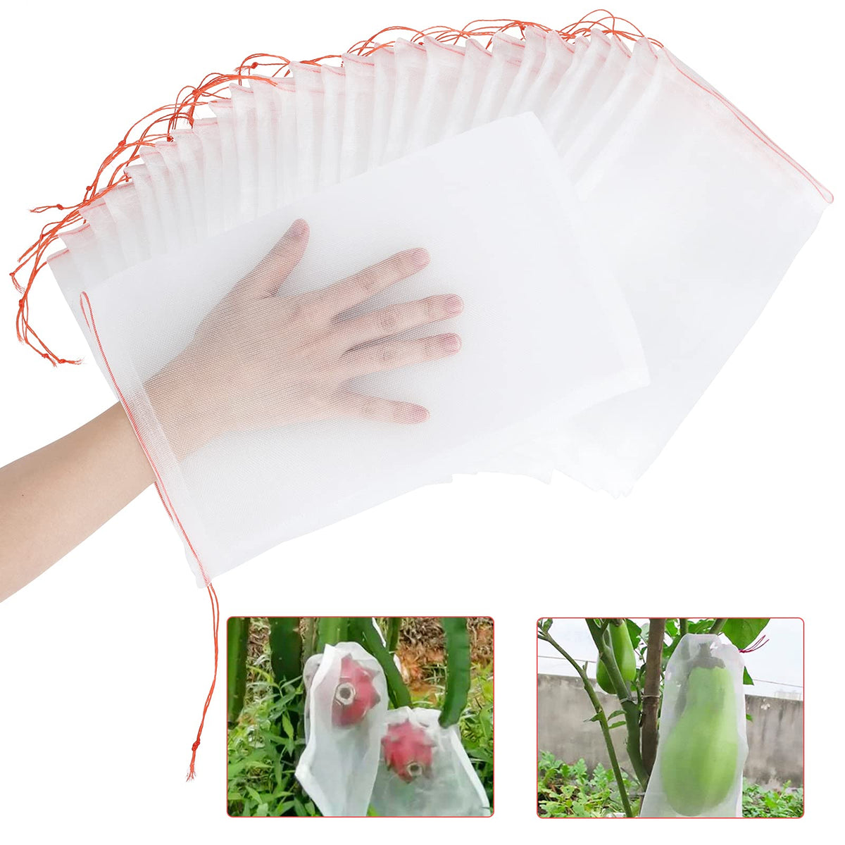Kikhope 10 Pcs Garden Mesh Netting - 29"x21" Insect Bird Netting Pest Barrier Bags with Drawstring -Plant Fruit Protection Bag for Fruit Trees & Tomato Plants, Blocks Birds, Squirrels & Insects