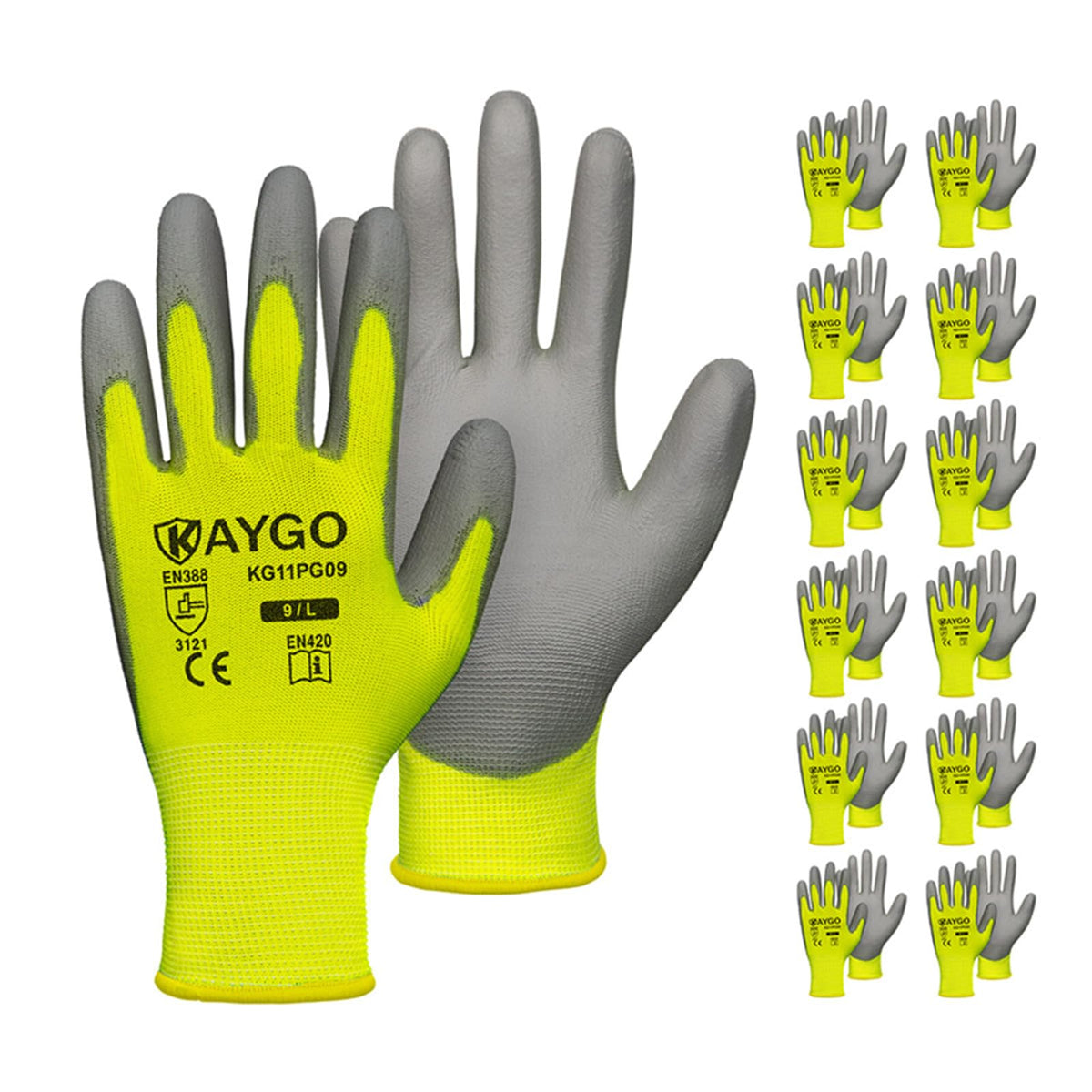KAYGO Safety Work Gloves for Men Women, PU Coated Palm & Fingers, KG11P