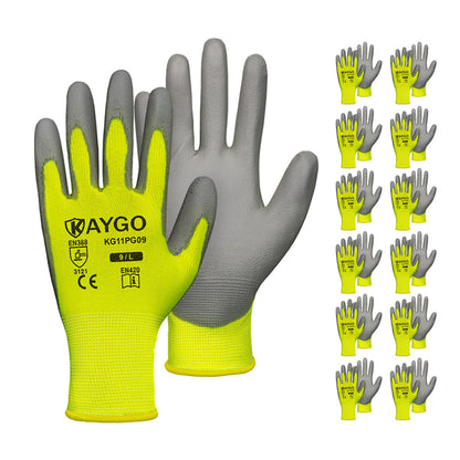 KAYGO Safety Work Gloves for Men Women, PU Coated Palm & Fingers, KG11P