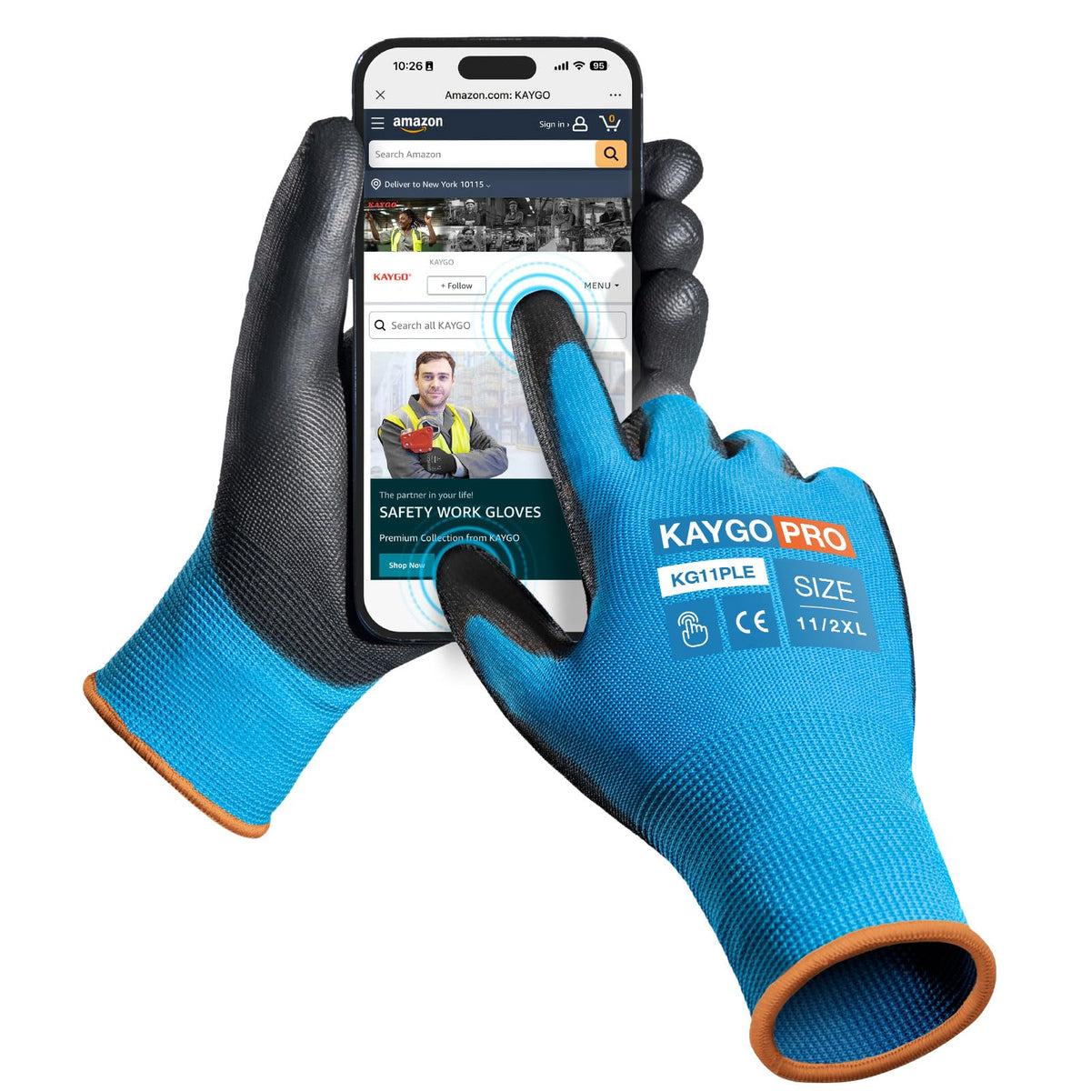 KAYGO Safety Work Gloves for Men Women, PU Coated Palm & Fingers, KG11P