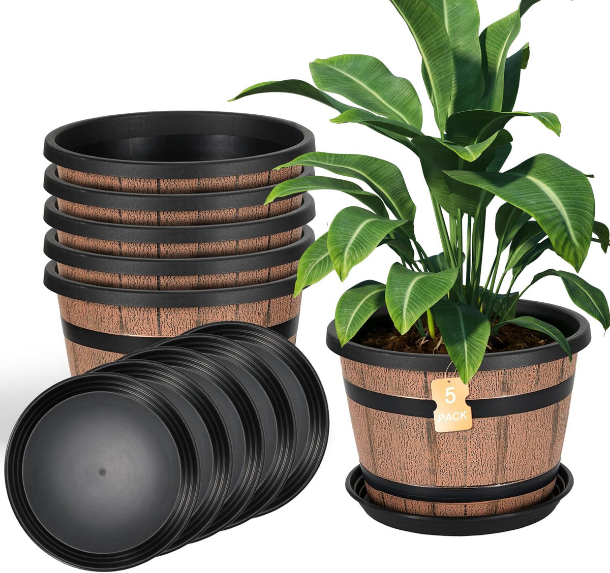 Whiskey Barrel Planters 12 Inch, 5 Pack Plastic Pots with Wood Design