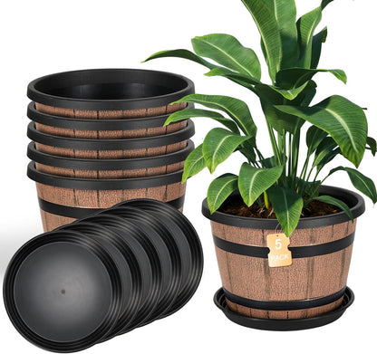 Whiskey Barrel Planters 12 Inch, 5 Pack Plastic Pots with Wood Design