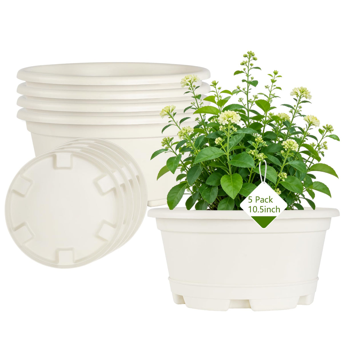 KPUVX 5 Pack 10.5 inch Plant Pots, Plastic Flower Pot