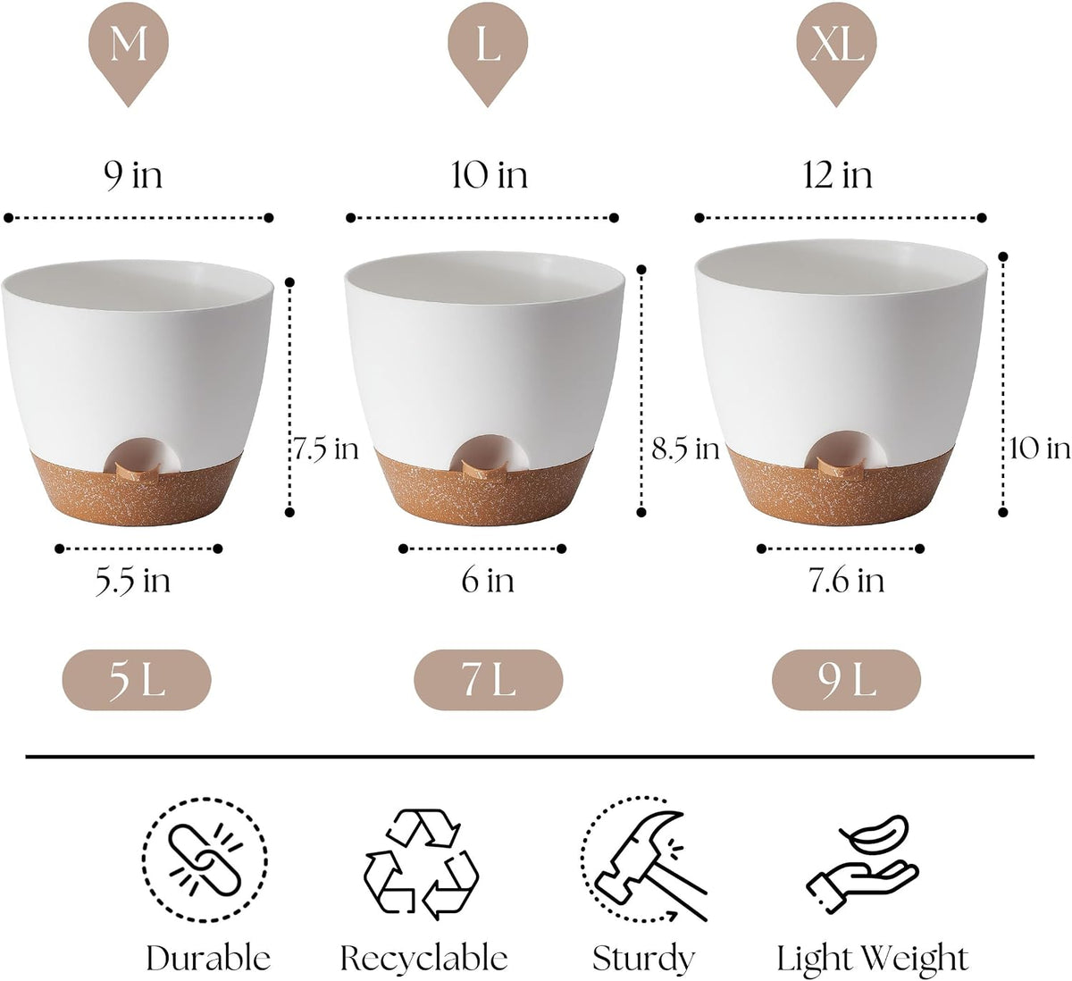 TYMENSH Plant Pots 12/10/9 Inch Set of 3, Self Watering Planters with Drainage Holes and Water Reservoir, Heavy Duty Plastic Flower Pots for Indoor Outdoor Plants, White
