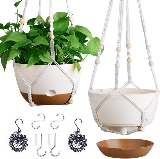 Set of 2-10 Inch Hanging Planters for Indoor Plants with Self-Watering Includes Hanging Pots for Plants, Outdoor Hanging Plant Pot with Drainage, and 2 Types of Hanging Baskets Hangers (White, 10inch)