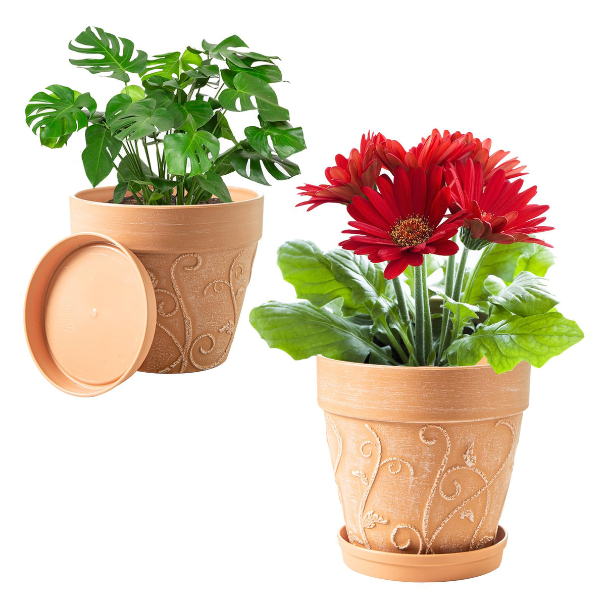 Melphoe Plant Pots Indoor with Drainage & Saucer, 2Pack 7 inch Flower Pots Outdoor Planters for Indoor Plants Garden Home Decor Cactus Succulent, Rigid Plastic (Imitation-Terracotta) Vine-Embossed