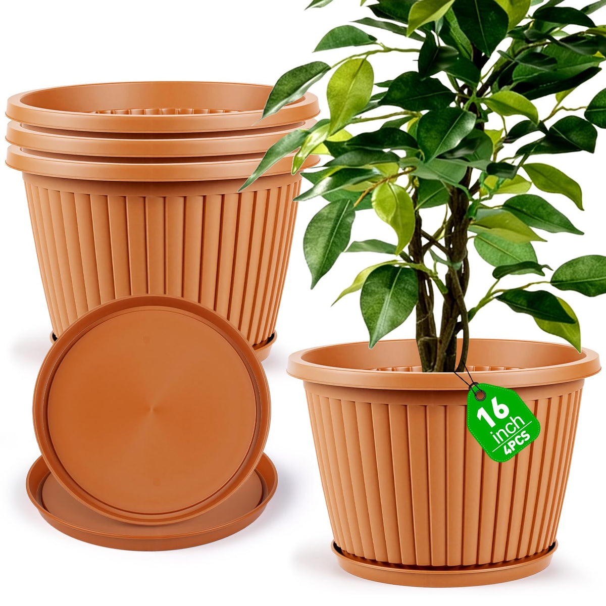 Myfeegoin Planter-Pots-for-Plants-Indoor-Outdoor, 4 Pack 10 Inch Plastic Flower Pots with Saucer & Drainage Holes, Modern Garden Planters for Planting Medium Large Plants，Decorative Resin Garden Pots