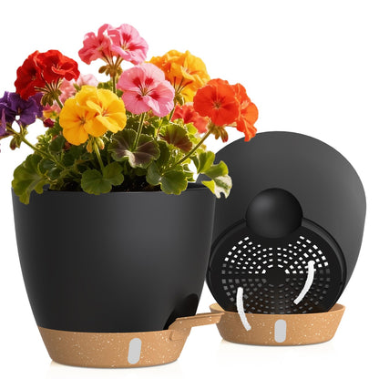 Self Watering Pots with Drainage Holes, 3 Pack 12/10/8 Inch Plant Pots with Water Level Indicator Deep Reservoir, Large Plastic Planter for Indoor Outdoor Plants - Black Brown