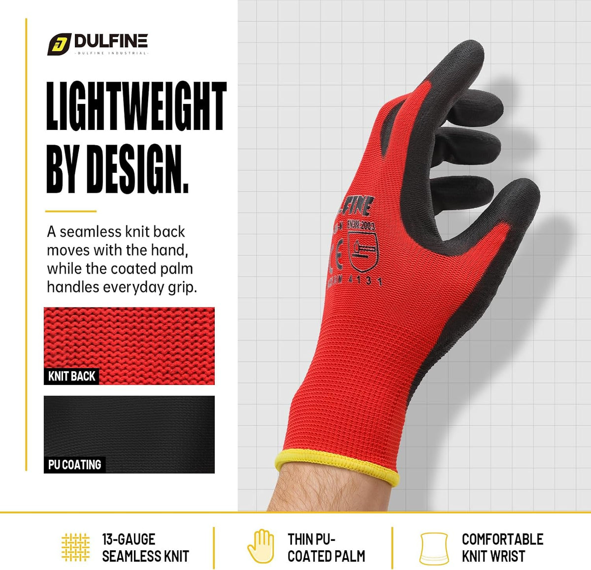 DULFINE Safety Work Gloves for Men & Women 12 Pairs, PU Coated Red L