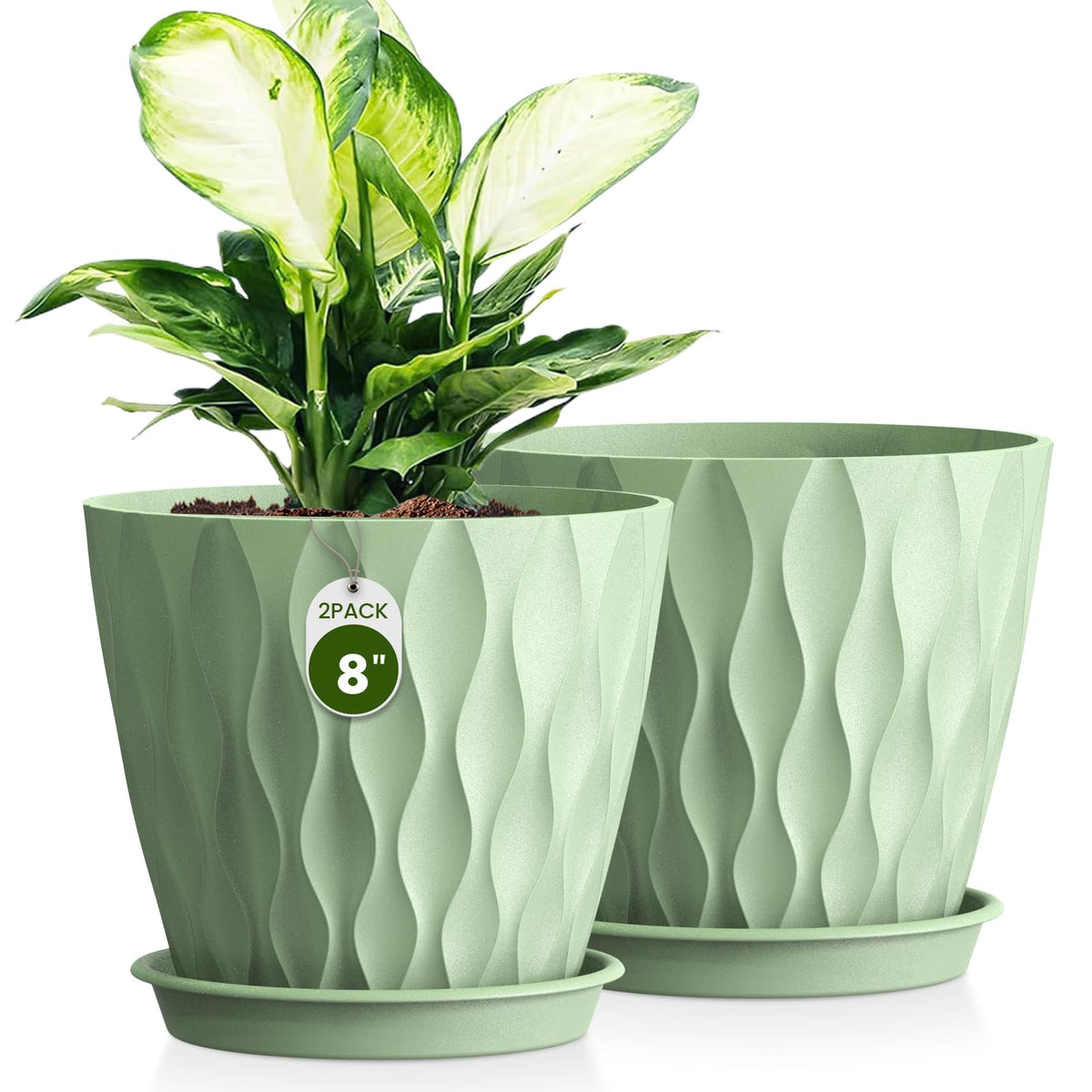 8 Inch Plant Pots 4 Pack Plastic Planters with Drainage & Saucers