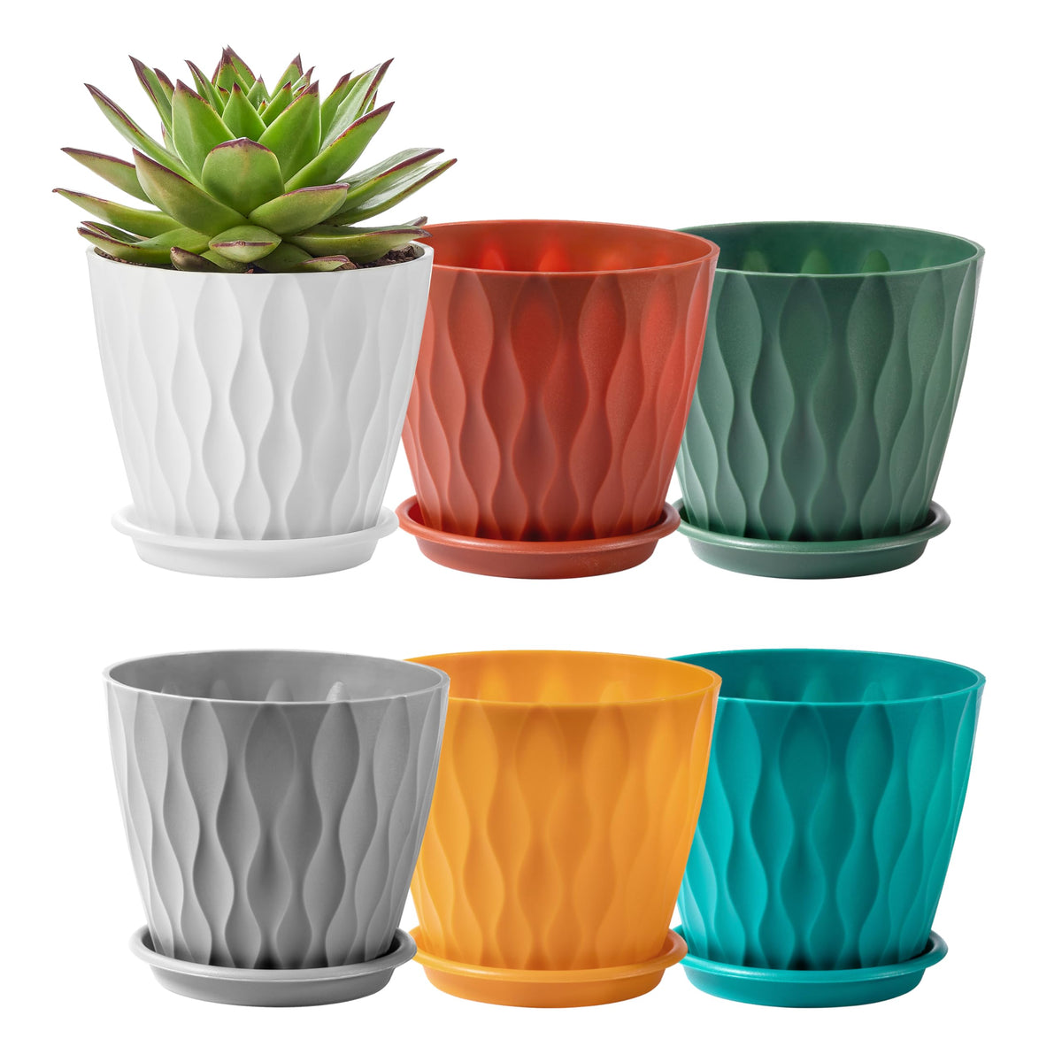 FaithLand 6-Pack 6-Inch Plastic Plant Pots with Saucers | Thickened PP Material, Modern Wave Texture, Enhanced Drainage for Indoor/Outdoor Garden Plants | Multicolor Value Set